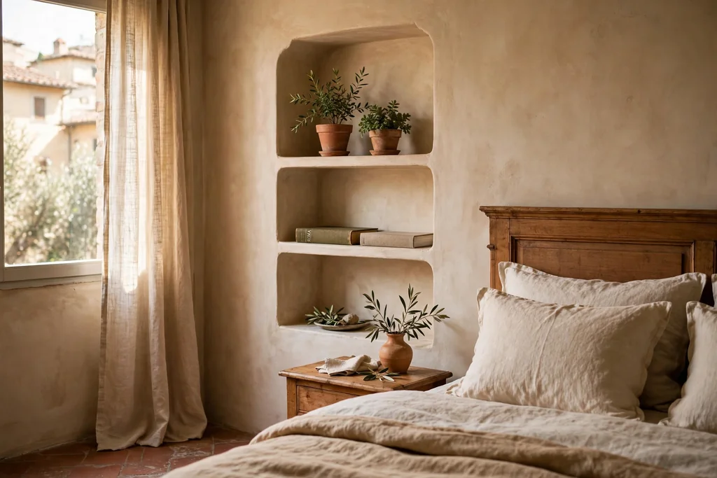 Recessed wall niche shelves beside a bed holding a book and a small plant.