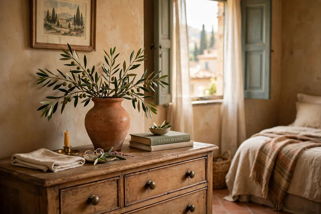 Terracotta vase with olive branches on a bedroom dresser.