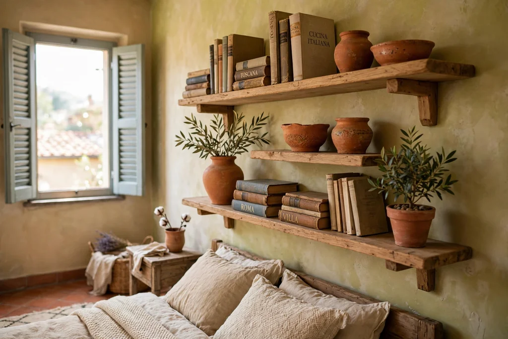 Open wooden wall shelves holding books, ceramics, and a small plant.