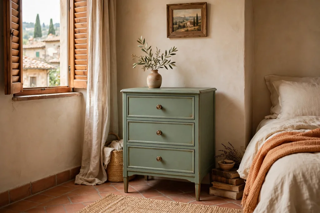 Small painted sage dresser with drawers and a small vase on top.