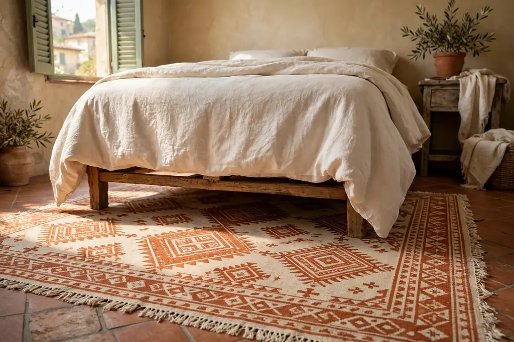 Patterned rug in terracotta and cream under the lower half of a bed.