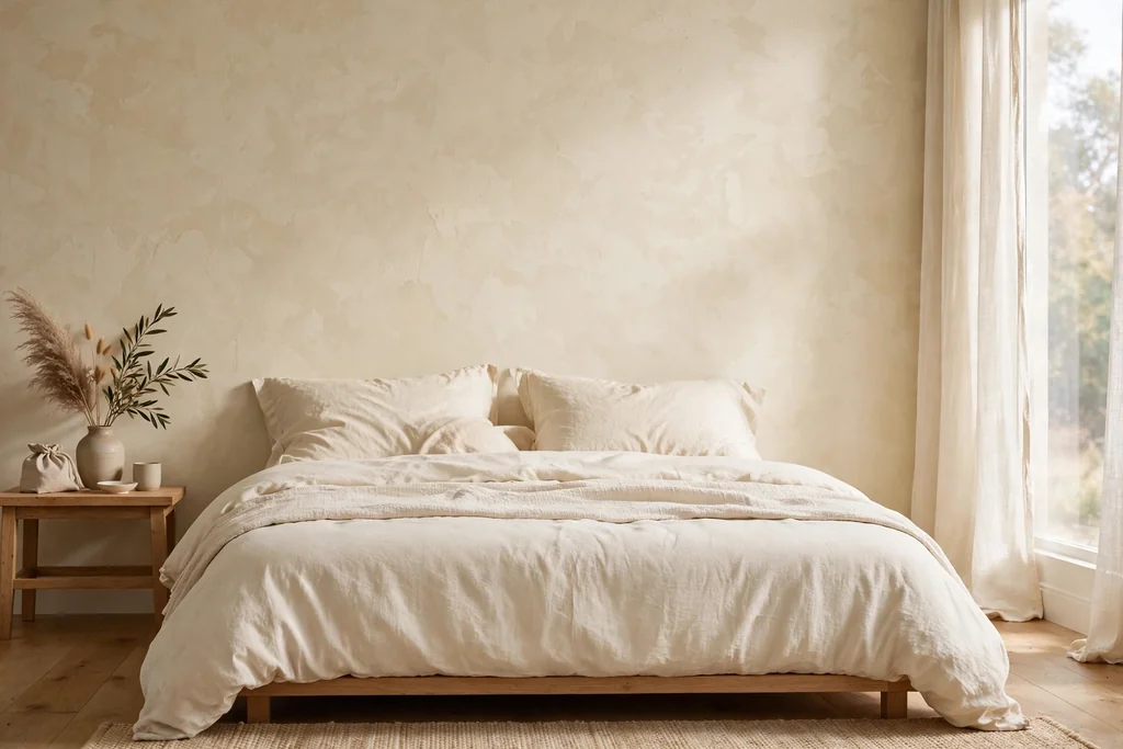 Bedroom wall with a warm cream plaster look finish behind a bed with cream bedding.