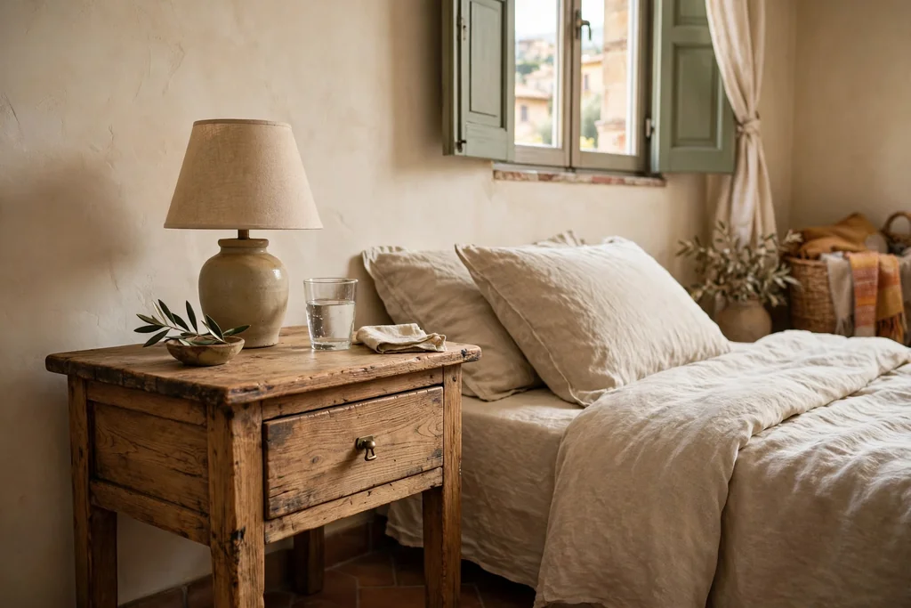 Rustic wood nightstand with a drawer and a lamp beside a bed.