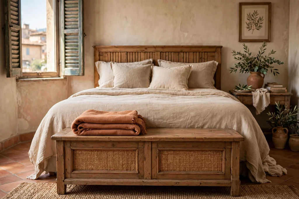 Storage bench at the foot of a bed with a folded terracotta throw on top.