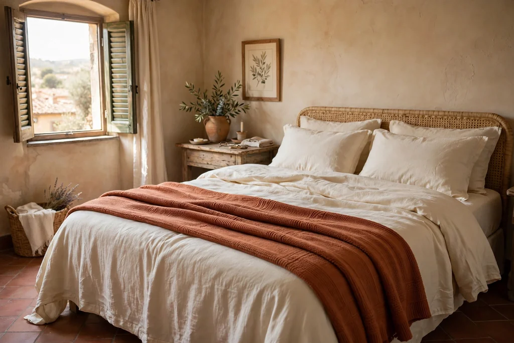 Bed with cream bedding layers and a terracotta throw folded across the lower half.