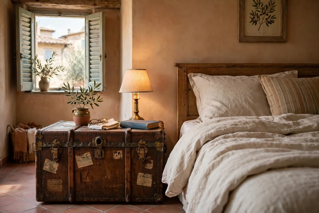 Vintage wooden trunk used as a side table beside a bed with a lamp on top.