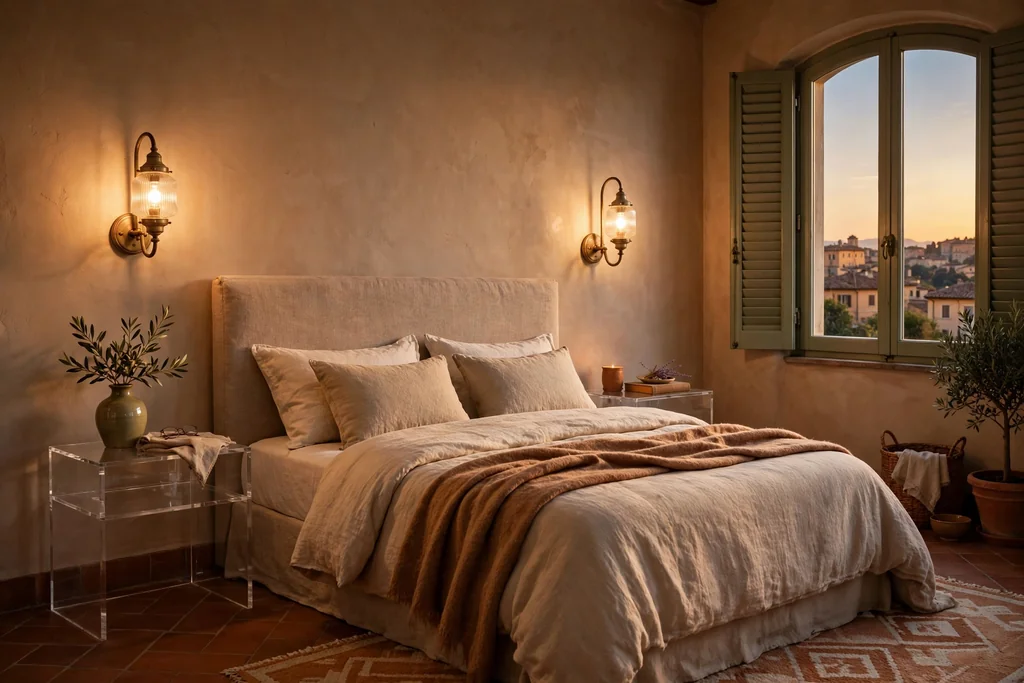 Matching wall sconces beside a bed above clear nightstands.