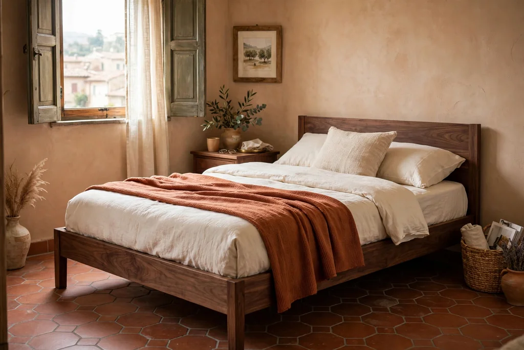 Low walnut bed frame with cream bedding in a small Italian style bedroom.