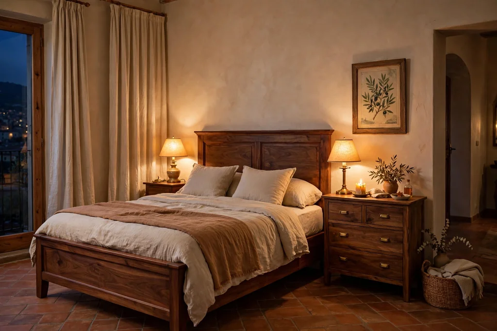 Bedroom in the evening lit by warm bedside lamps and a candle on the dresser.
