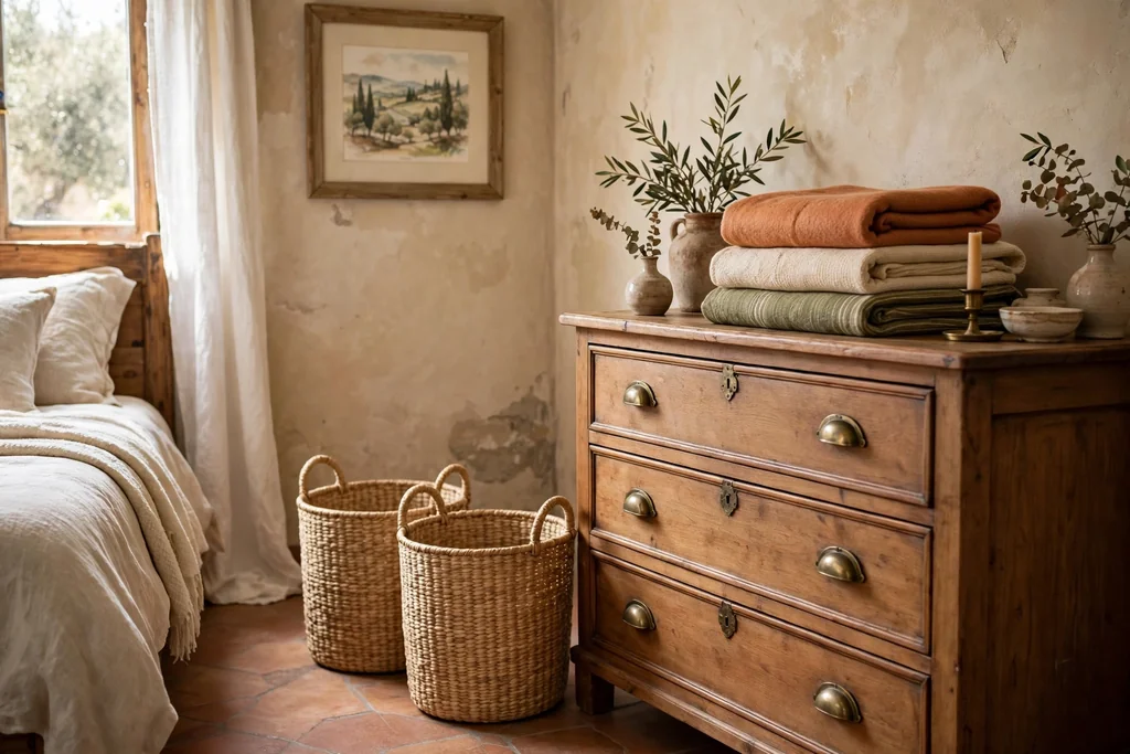 Matching woven baskets beside a dresser holding folded throws.