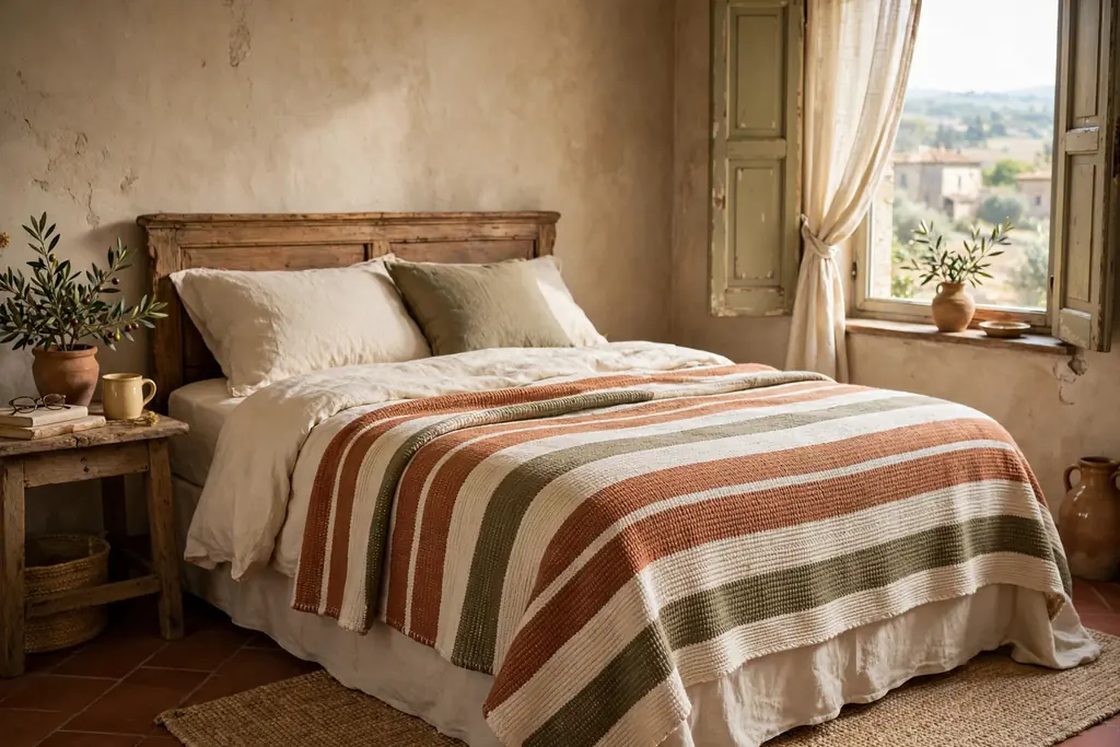 Bed with a woven throw in earthy terracotta, cream, and olive stripes.