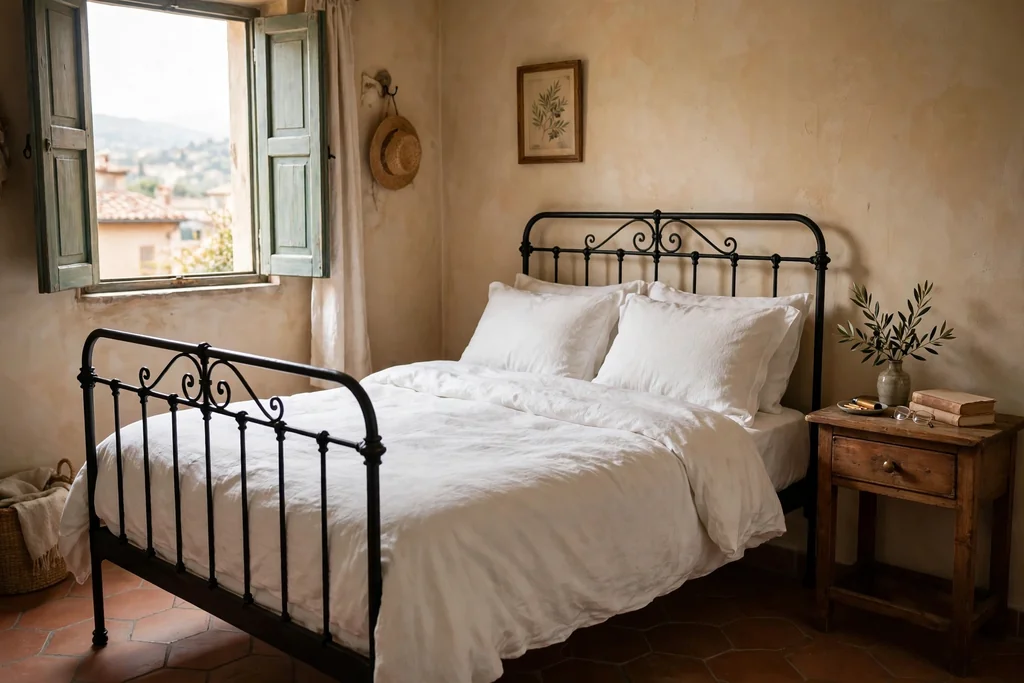 Black wrought iron bed frame with white bedding beside a wooden nightstand.