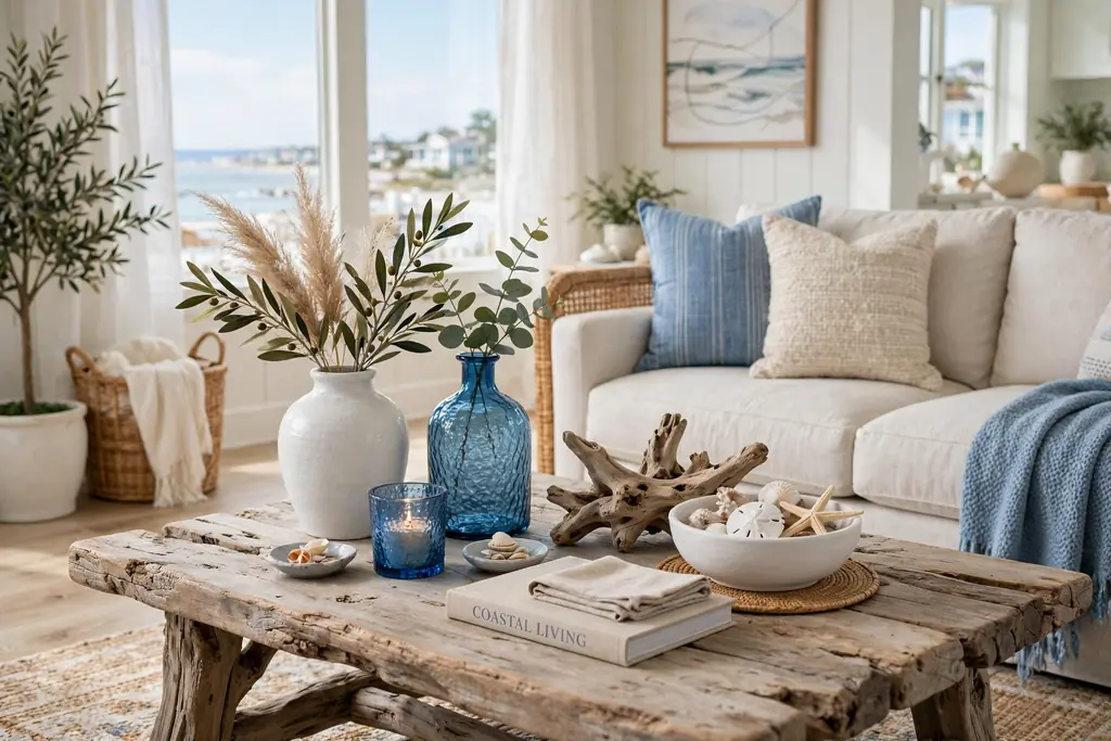 Bright coastal living room coffee table with white ceramic, blue glass, and driftwood tones.