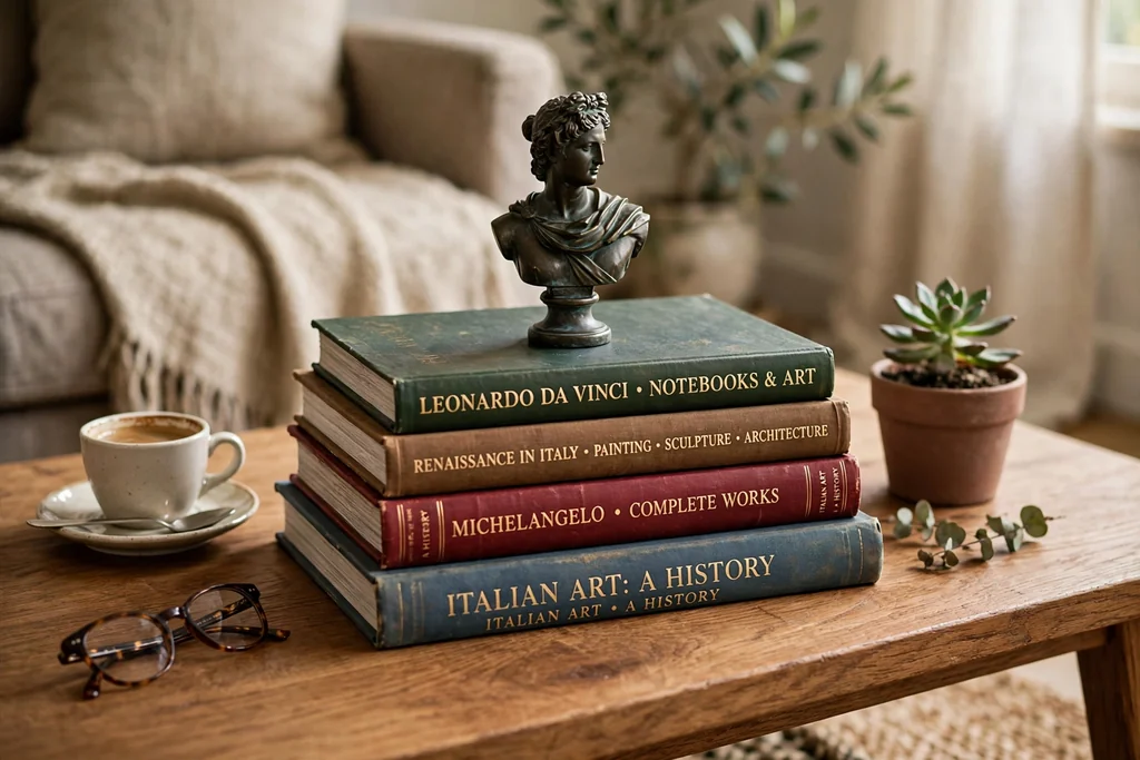 Coffee table with a stack of Italian art books topped by a small sculpture.