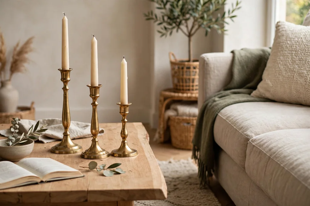 Coffee table with three brass candlesticks in different heights beside a sofa.