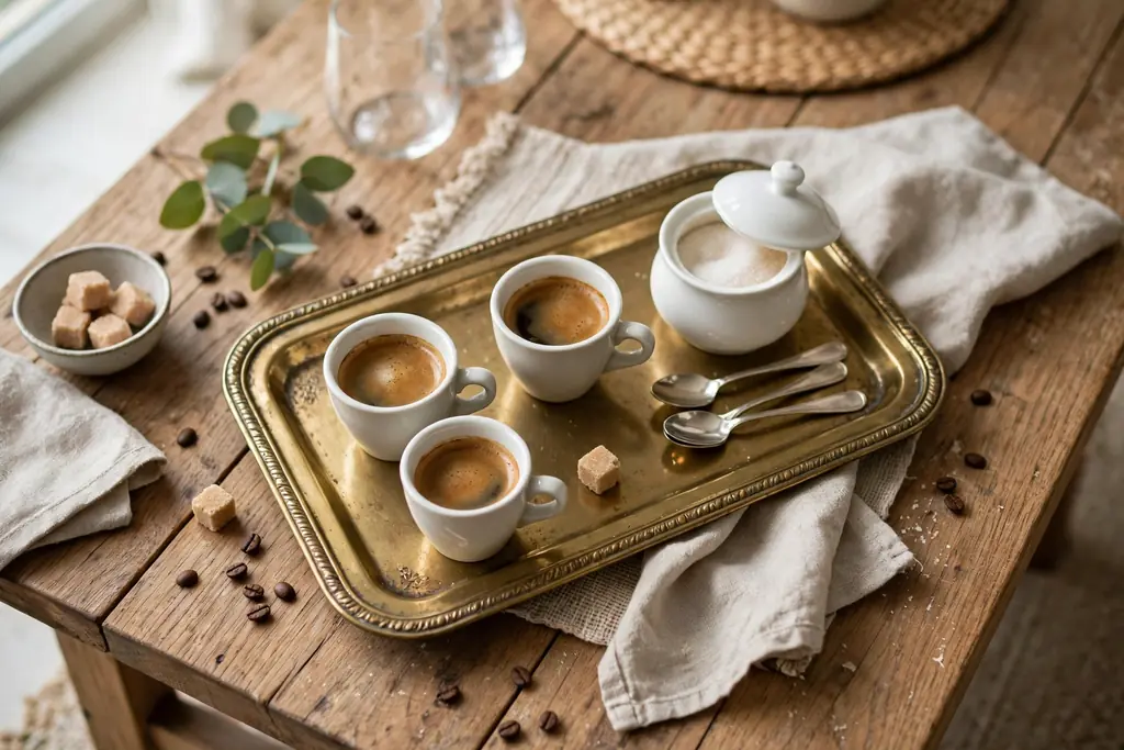 Coffee table with a brass tray holding espresso cups, a sugar bowl, and spoons.