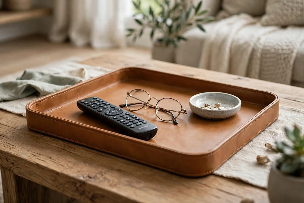 Coffee table with a tan leather tray holding a remote, glasses, and a small dish.