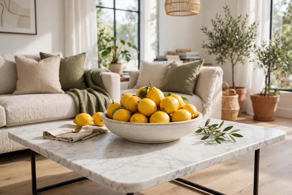 Marble coffee table with a wide bowl of fresh lemons in a bright living room.