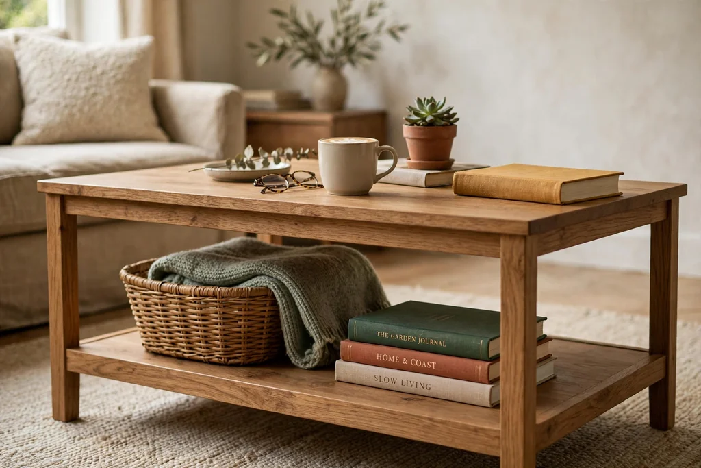 Coffee table with a lower shelf holding a woven basket, a folded throw, and books.