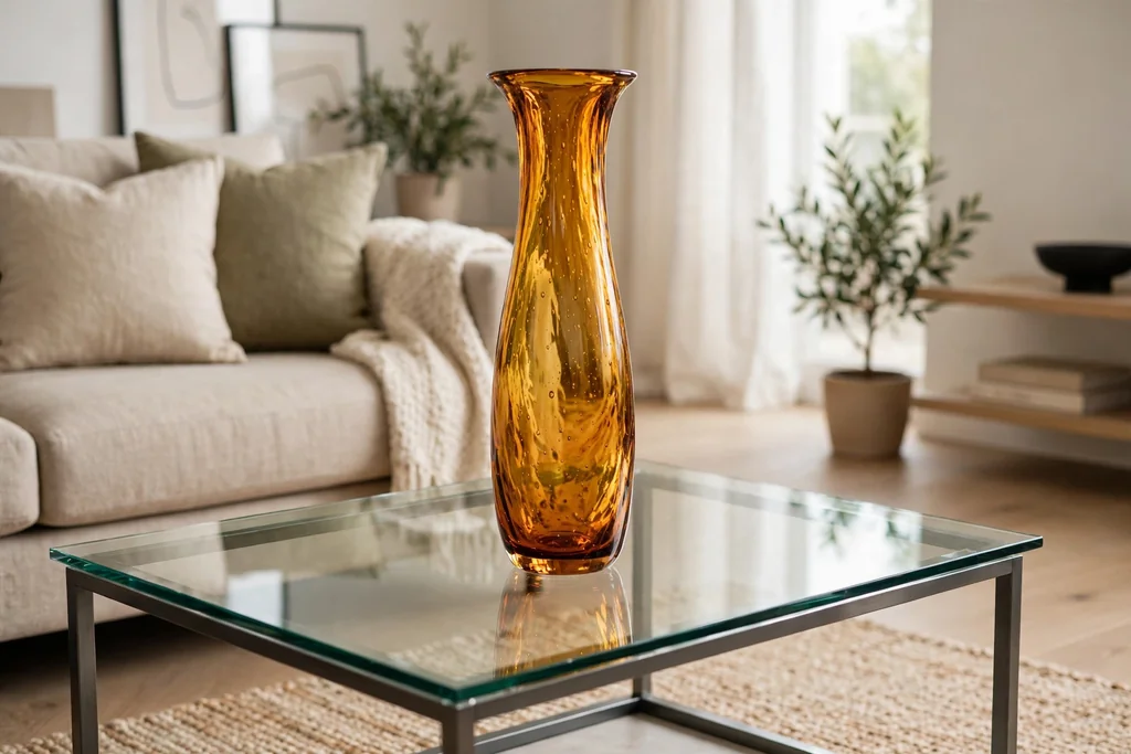 Living room coffee table with a single tall amber Murano glass vase.