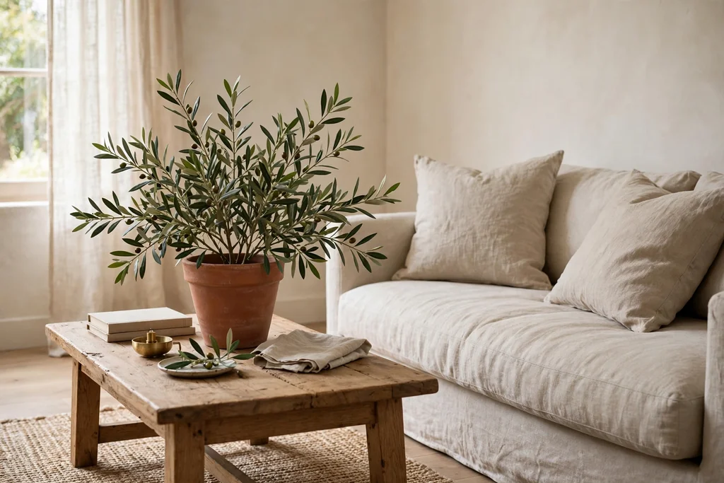 Coffee table with olive branches in a terracotta pot beside a linen sofa.