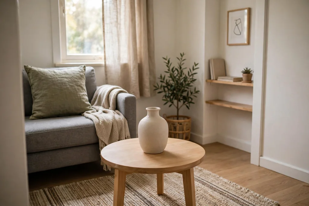 Small living room with a compact coffee table holding one ceramic vase and clear space.