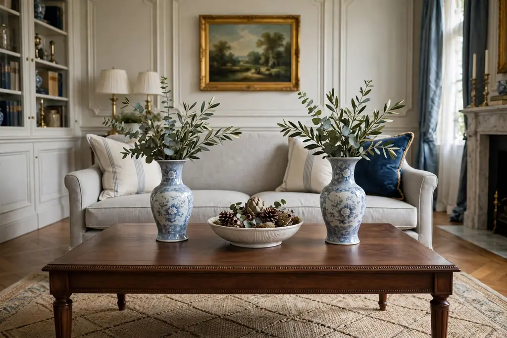 Formal living room coffee table with a matching pair of vases and a low central bowl.