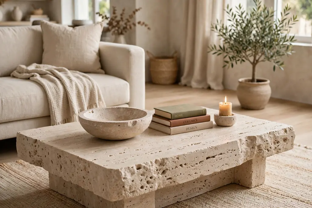 Travertine coffee table with a low stone bowl, a small book stack, and a candle.