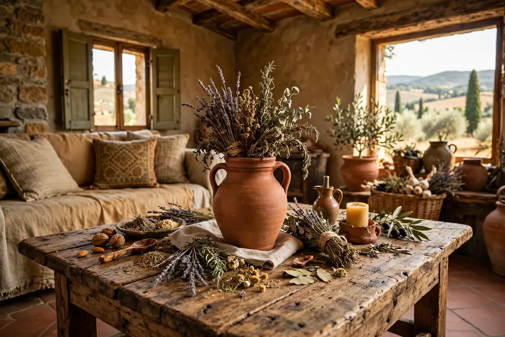 Rustic Tuscan living room coffee table with wood, a terracotta jug, and dried herbs.