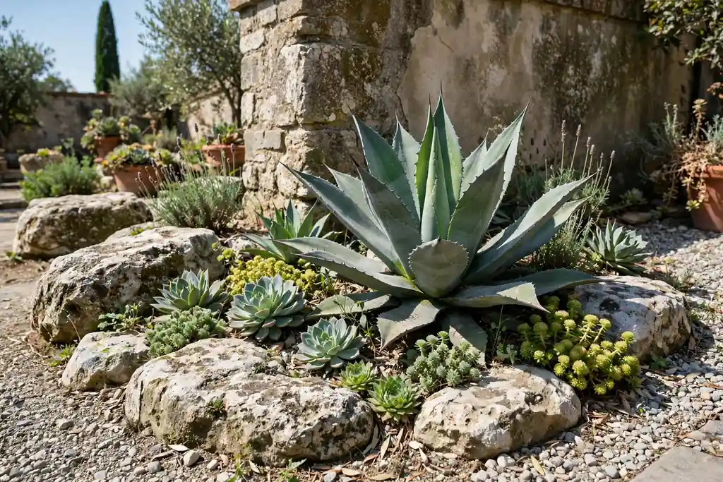 Agave and succulents in a gravel dry corner with large stones in an Italian garden.