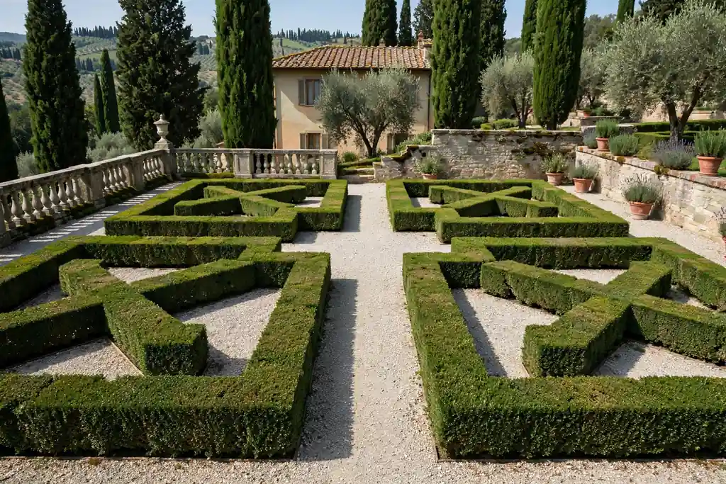 Clipped boxwood shapes forming a simple parterre bed with gravel paths.