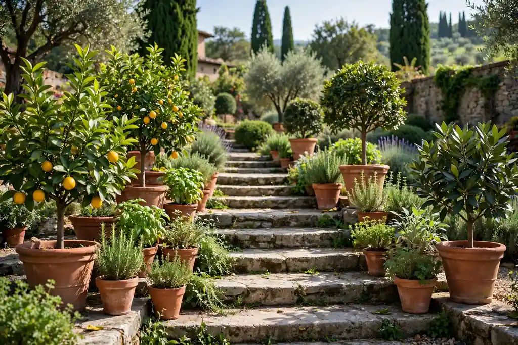 Garden steps lined with potted citrus, bay, and herbs in terracotta pots.