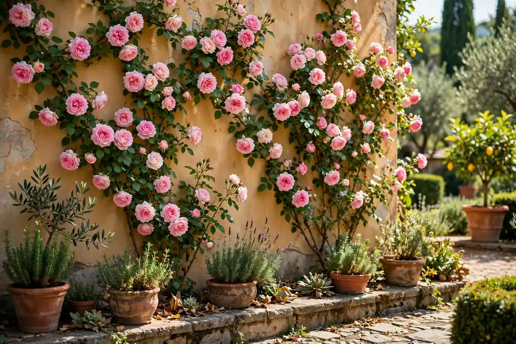 Climbing roses flowering on a warm sunny wall in an Italian garden.