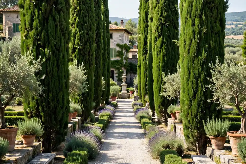 Tall narrow cypress trees lining a straight gravel path in an Italian garden.