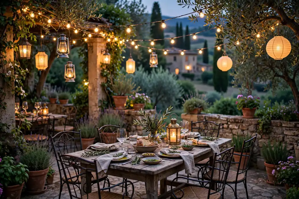 Warm string lights and lanterns over an Italian garden seating area at dusk.