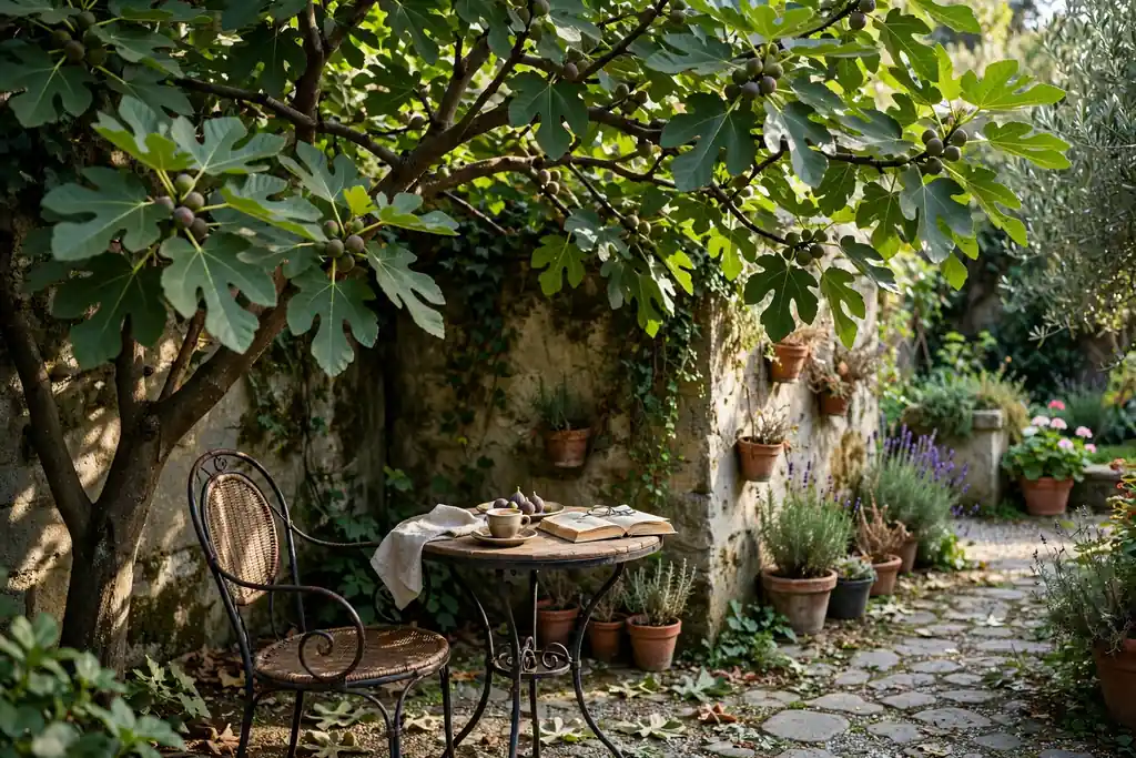 Fig tree shading a chair and small table in a quiet Italian garden corner.