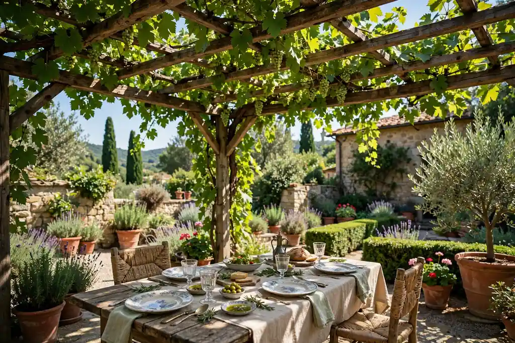 Wooden pergola with grapevine leaves shading a dining table in an Italian garden.
