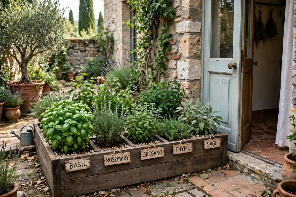 Raised herb bed with basil, rosemary, oregano, thyme, and sage near a kitchen door.