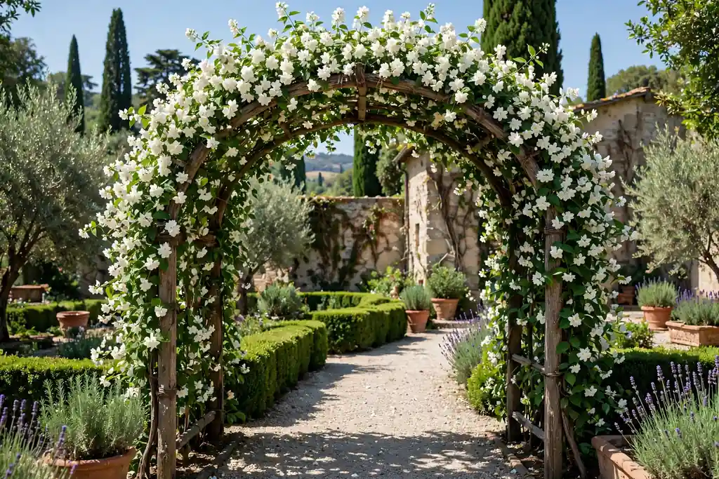 Jasmine arch with white flowers over a garden walkway in an Italian garden.