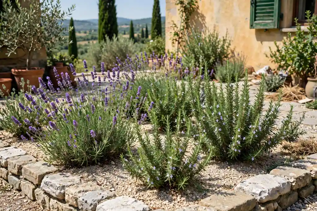 Lavender and rosemary planted in a gravel garden bed in an Italian yard.