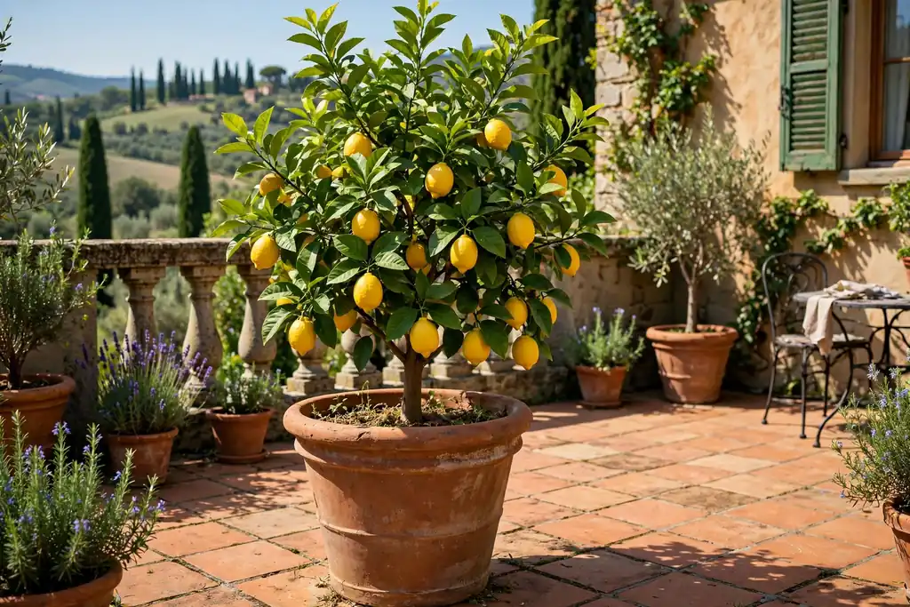 Lemon tree with yellow fruit in a large terracotta pot on a sunny patio.