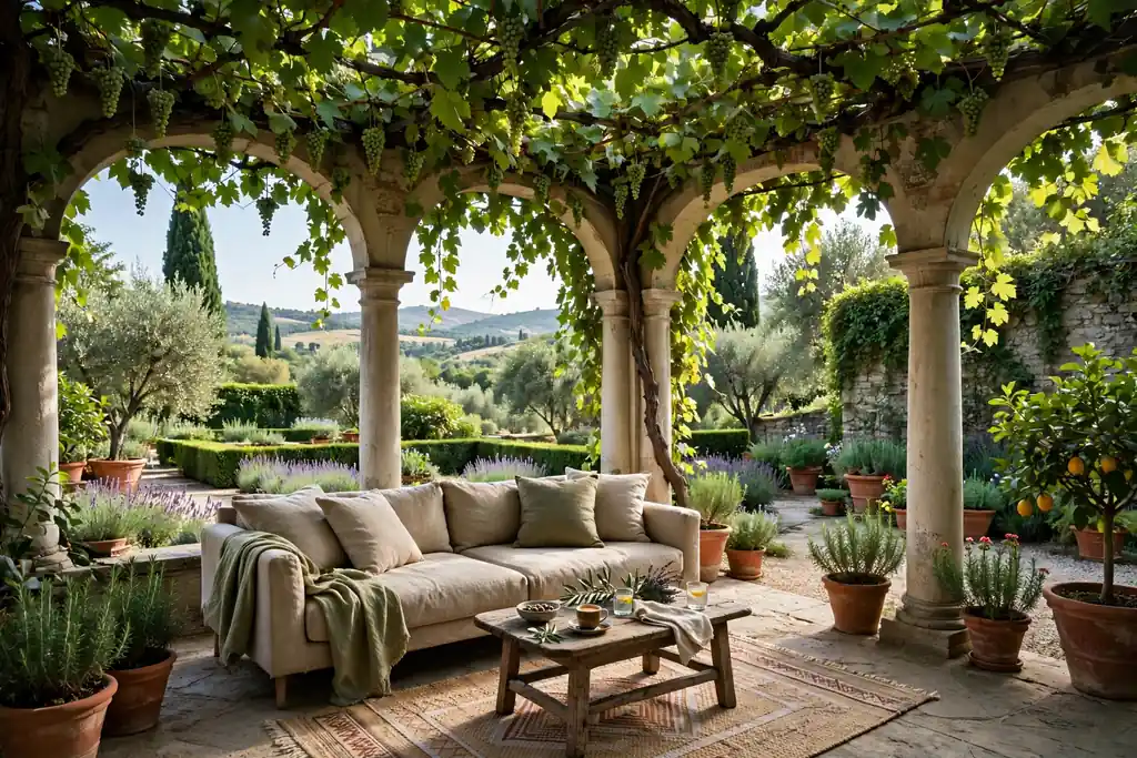Vine shaded loggia lounge with a low sofa, rug, and small table.