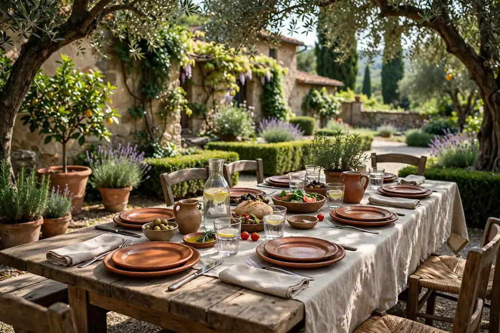 Long wooden table set for a meal under shade in an Italian garden.