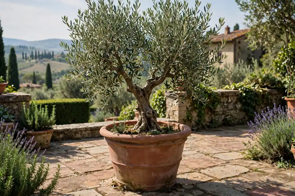 Single olive tree in a wide terracotta pot on a sunny stone terrace.