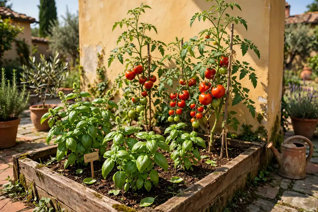 Vegetable patch with tomatoes and basil in a raised bed against a sunny wall.