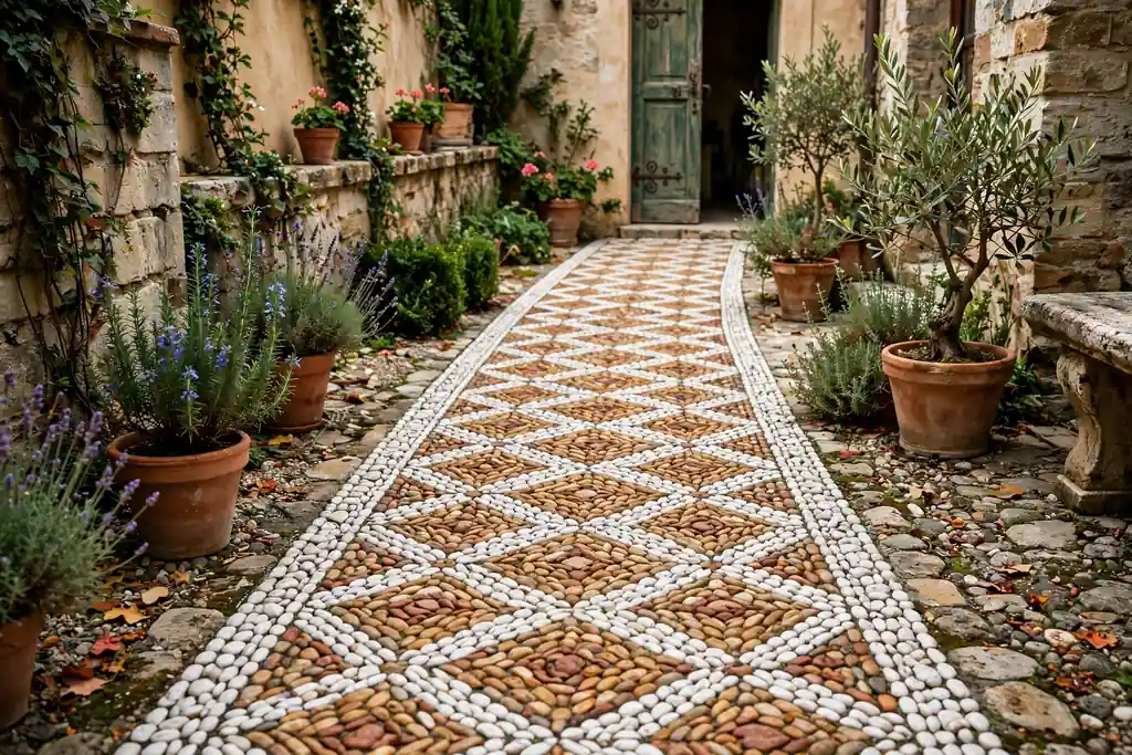 Pebble mosaic path with white and warm stones in a simple pattern in a courtyard.
