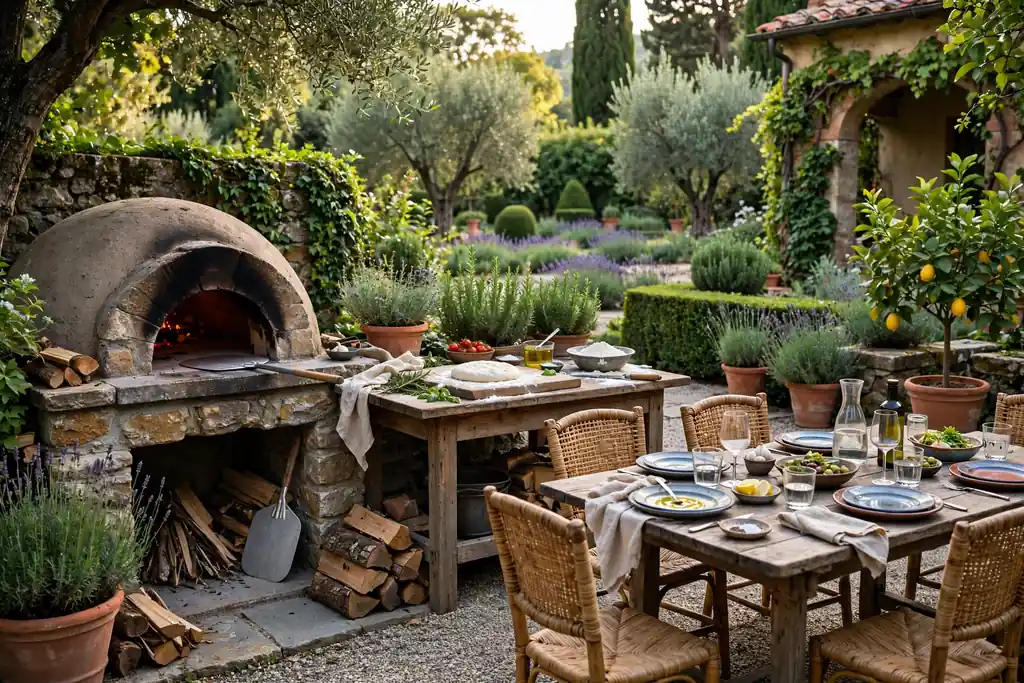Outdoor cooking corner with a pizza oven and a work table near a dining area.