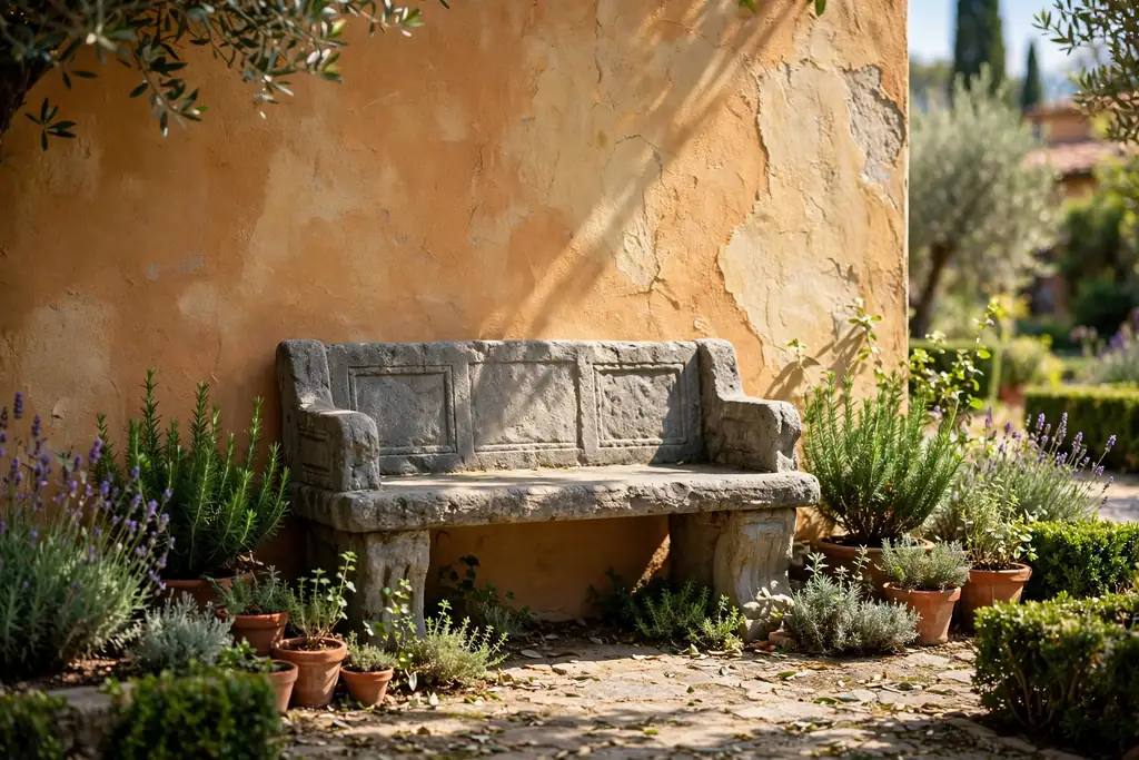 Stone bench in a sunny garden nook against a warm wall with low planting.
