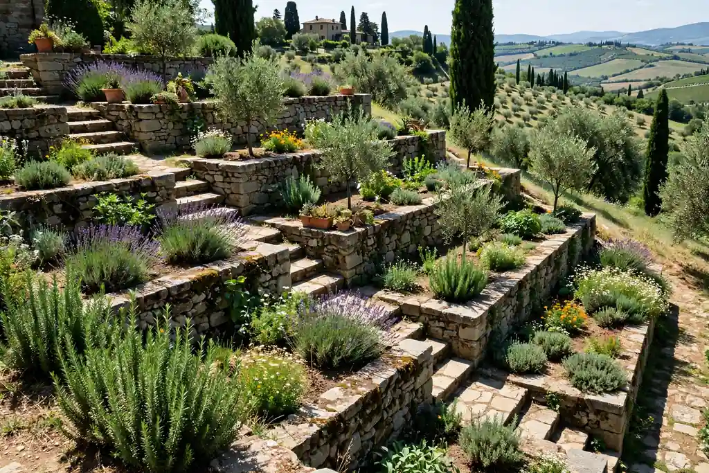Stone edged garden beds stepping down a sunny slope in an Italian garden.