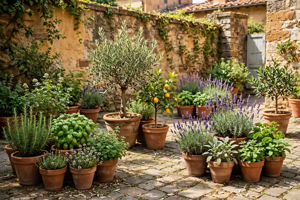 Clusters of terracotta pots with herbs and small trees in a sunny Italian courtyard.